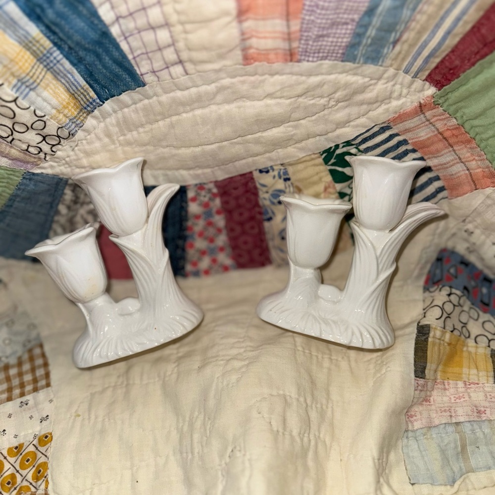 Vintage MCM Cottagecore White Ceramic Tulip Candle Holders